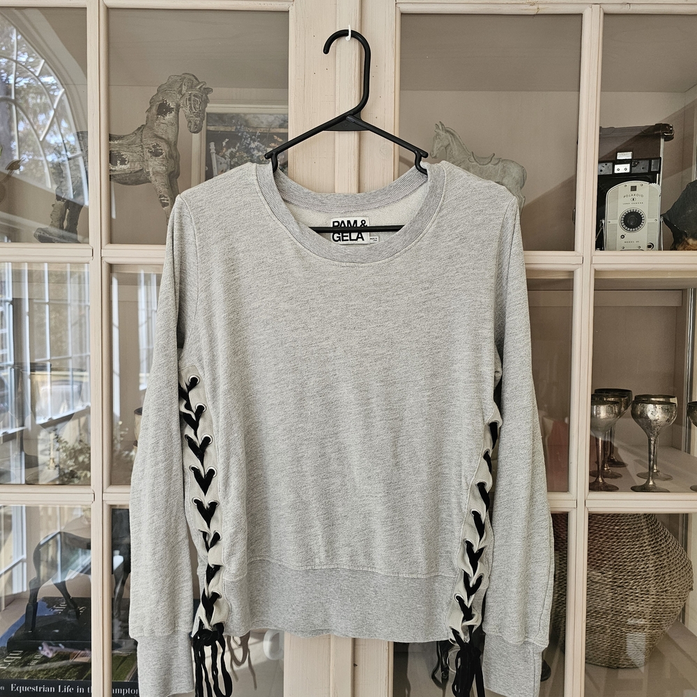 Pam & Gela Lace Up Sides Light Gray V-Neck Sweater - Picture 3 of 11